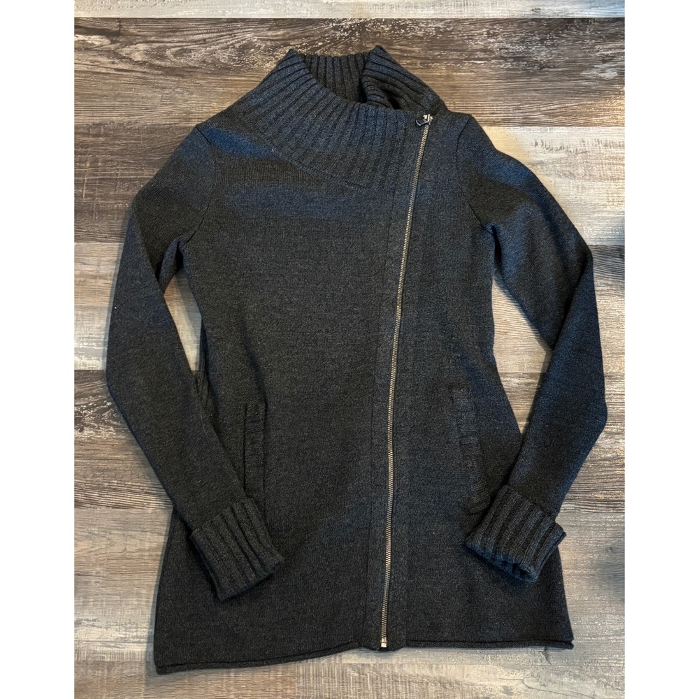 Athleta Womens Small Gray Wool Blend Asymmetric Zip Moto Cardigan Sweater Jacket
